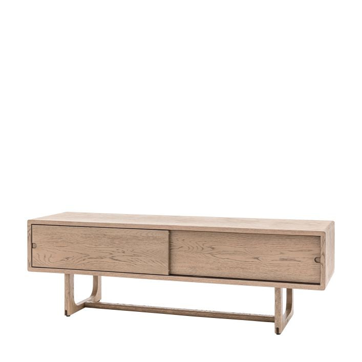 Artisan smoked oak TV stand with 2 sliding doors and featuring cut out handles | malletandplane.com