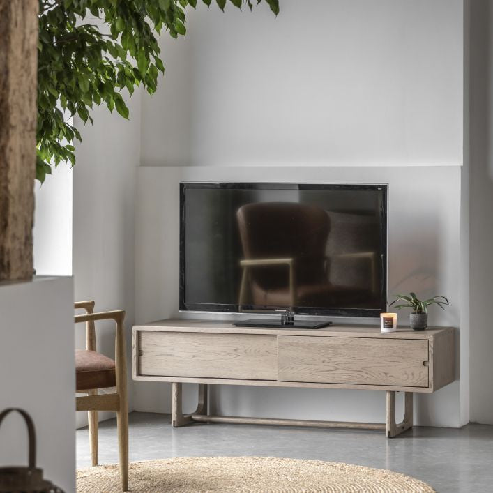 mini century tv stand with curved edges in chestnut finish | MalletandPlane.com