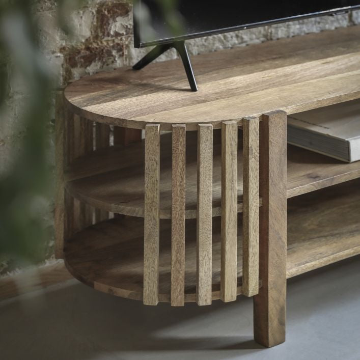 Voss solid mango wood slatted TV stand with storage | malletandplane.com