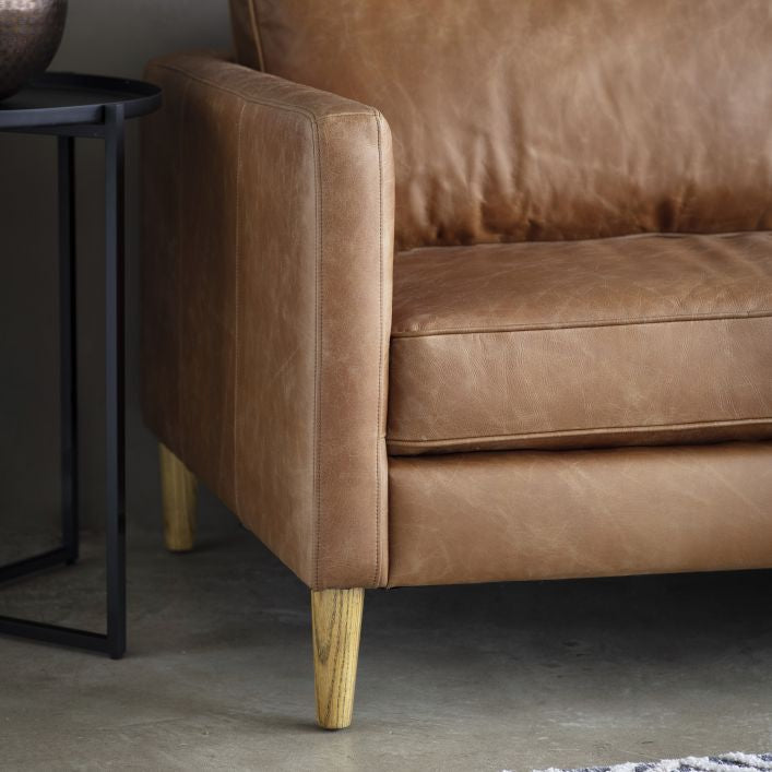 Granville 3 seater vintage brown top grain leather upholstery and ash legs | MalletandPlane.com