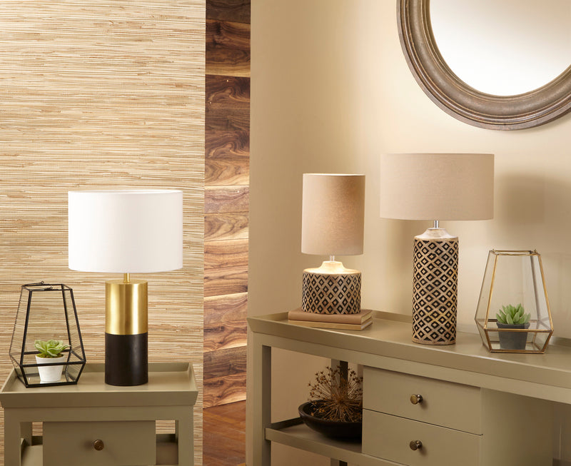 MAGNUS Diamond-Carved Wood Table Lamp – Tall Taupe Shade | malletandplane.com