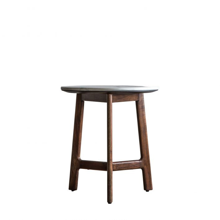 Fresca acacia wood side table in rich walnut finish with marble top | MalletandPlane.com