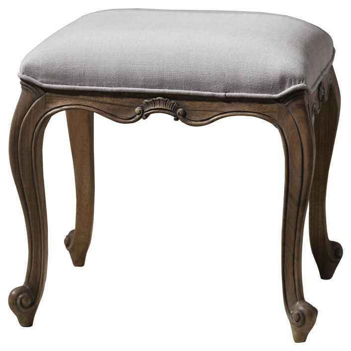 Marie weathered mindy wood dressing table stool with carved detail and linen upholstered seat | malletandplane.com