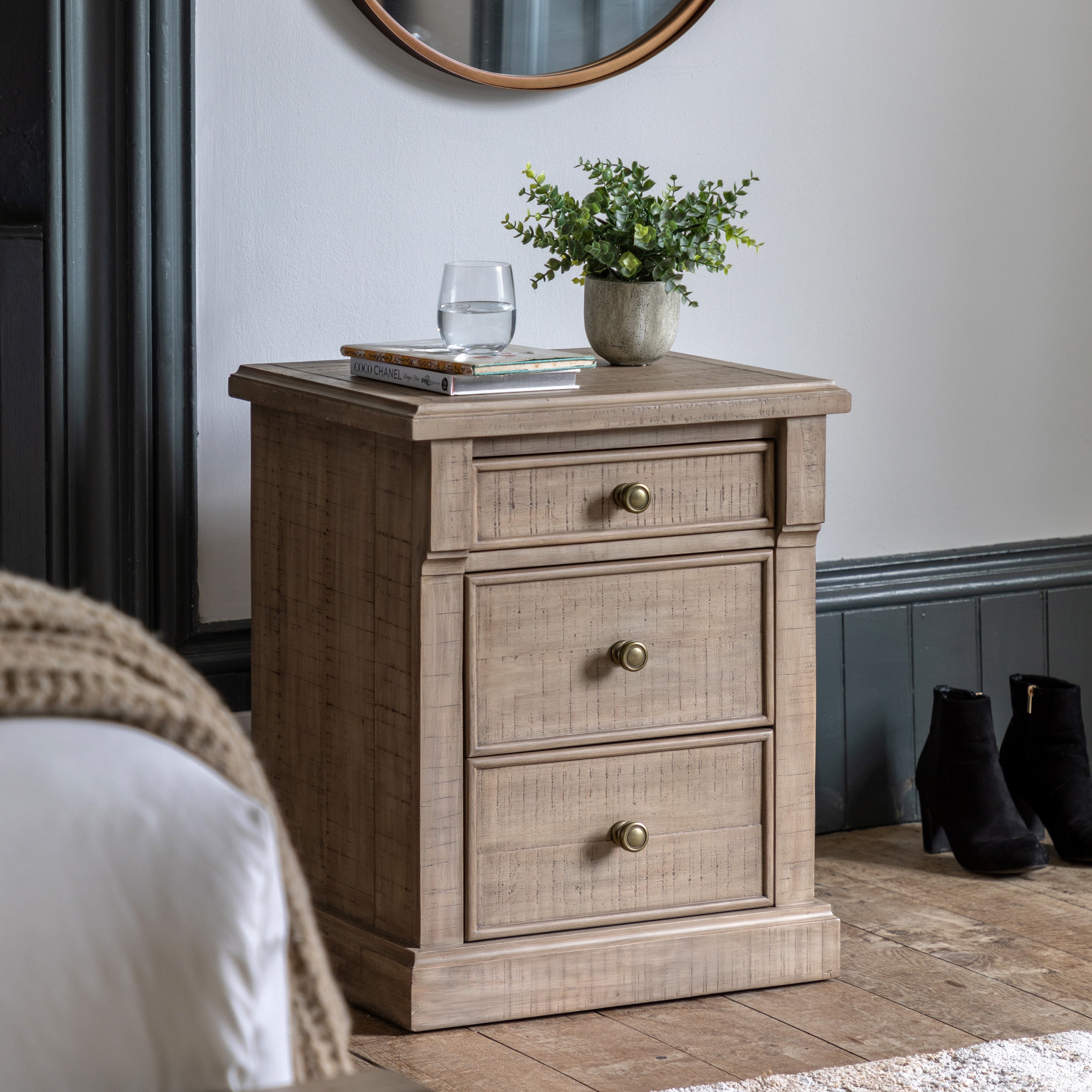 Bromley Natural 3 Drawer Bedside Table - detail and lifestyle view 2