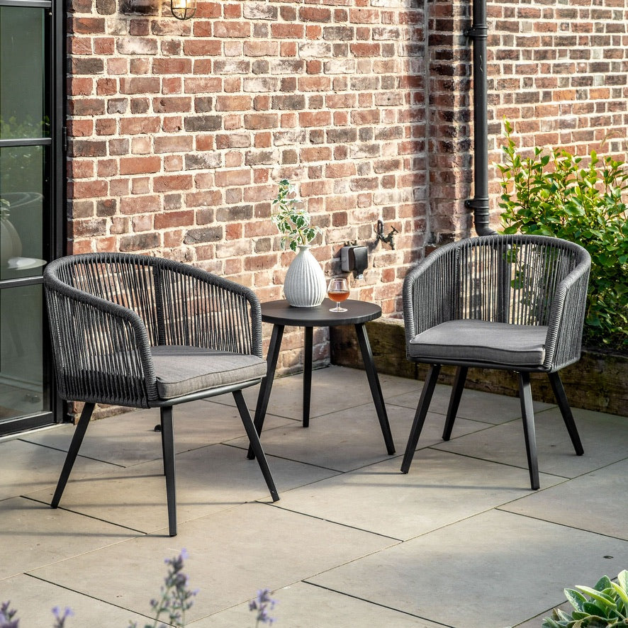 Patio 2 seat bistro set with 2 x chairs and 1 table in charcoal grey | malletandplane.com