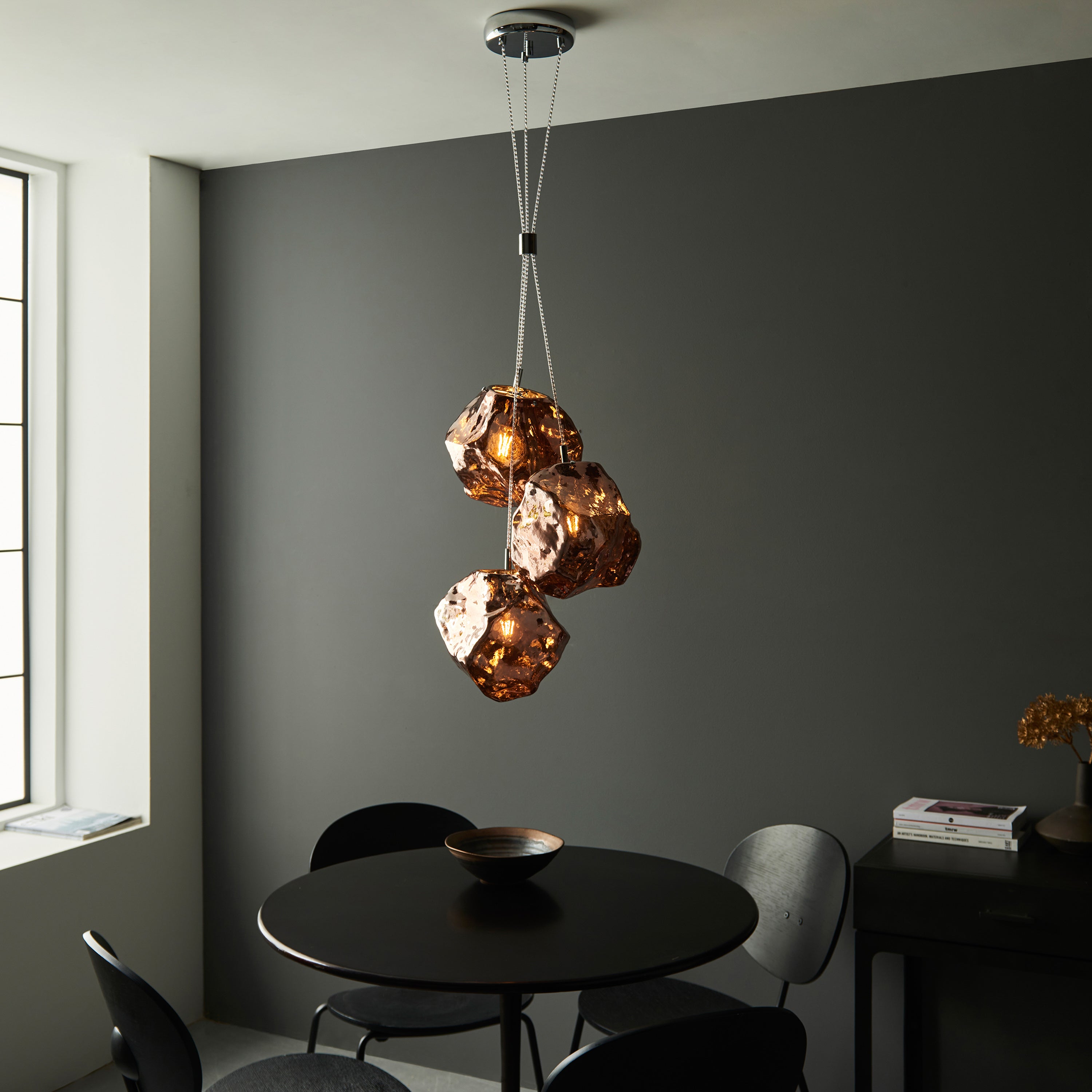 Rok Trio pendant light in steel and metallic copper glass | MalletandPlane.com