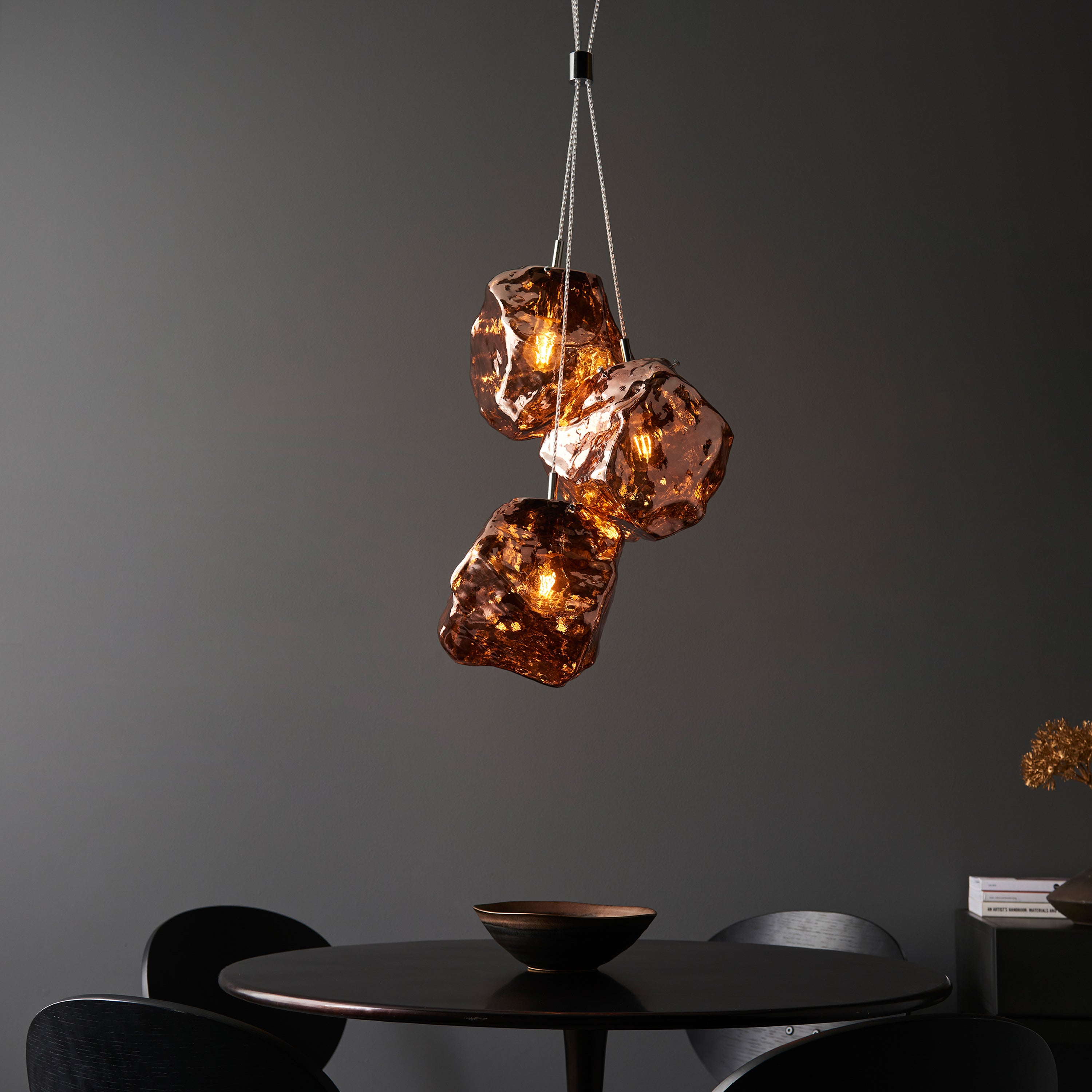 Rok Trio pendant light in steel and metallic copper glass | MalletandPlane.com