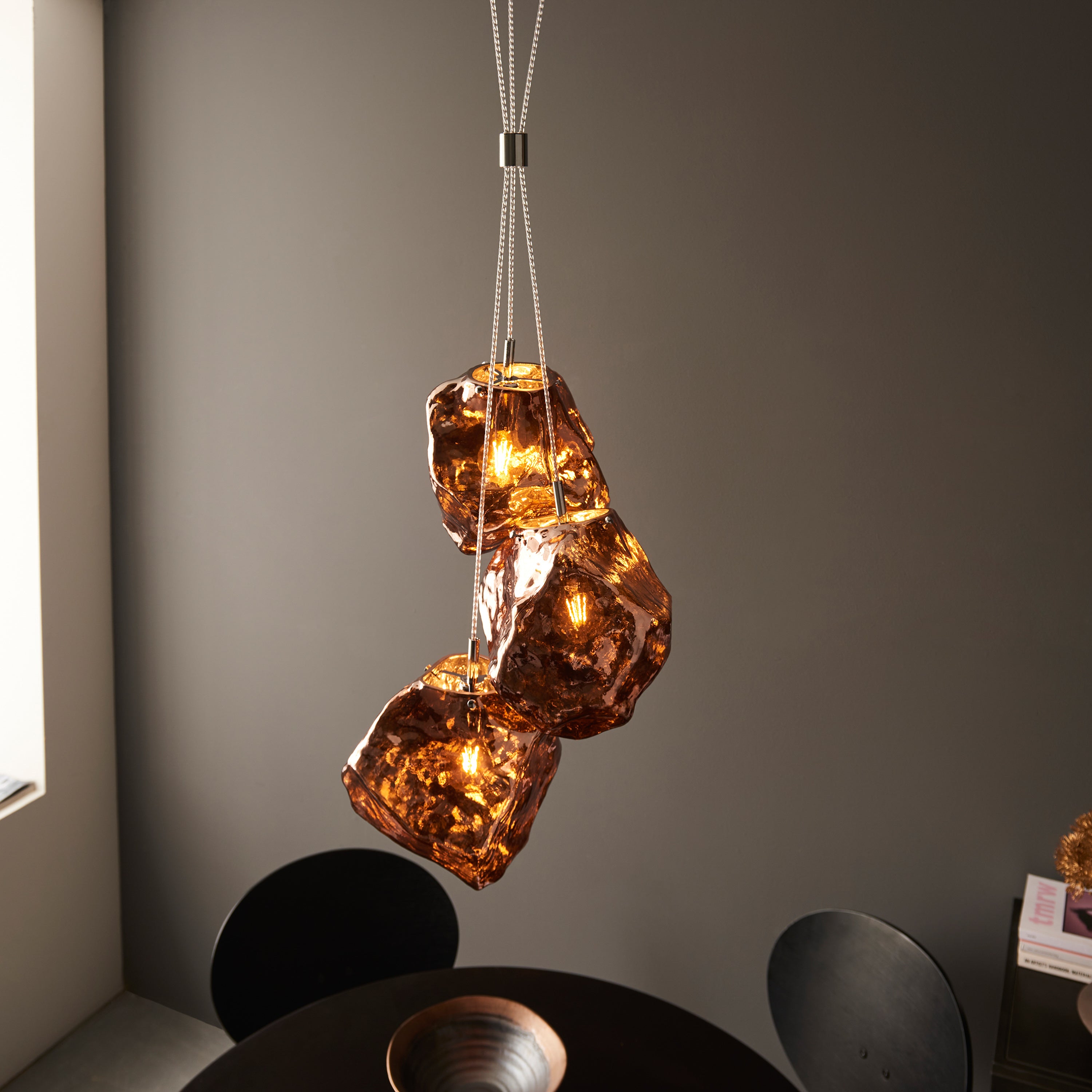 Rok Trio pendant light in steel and metallic copper glass | MalletandPlane.com