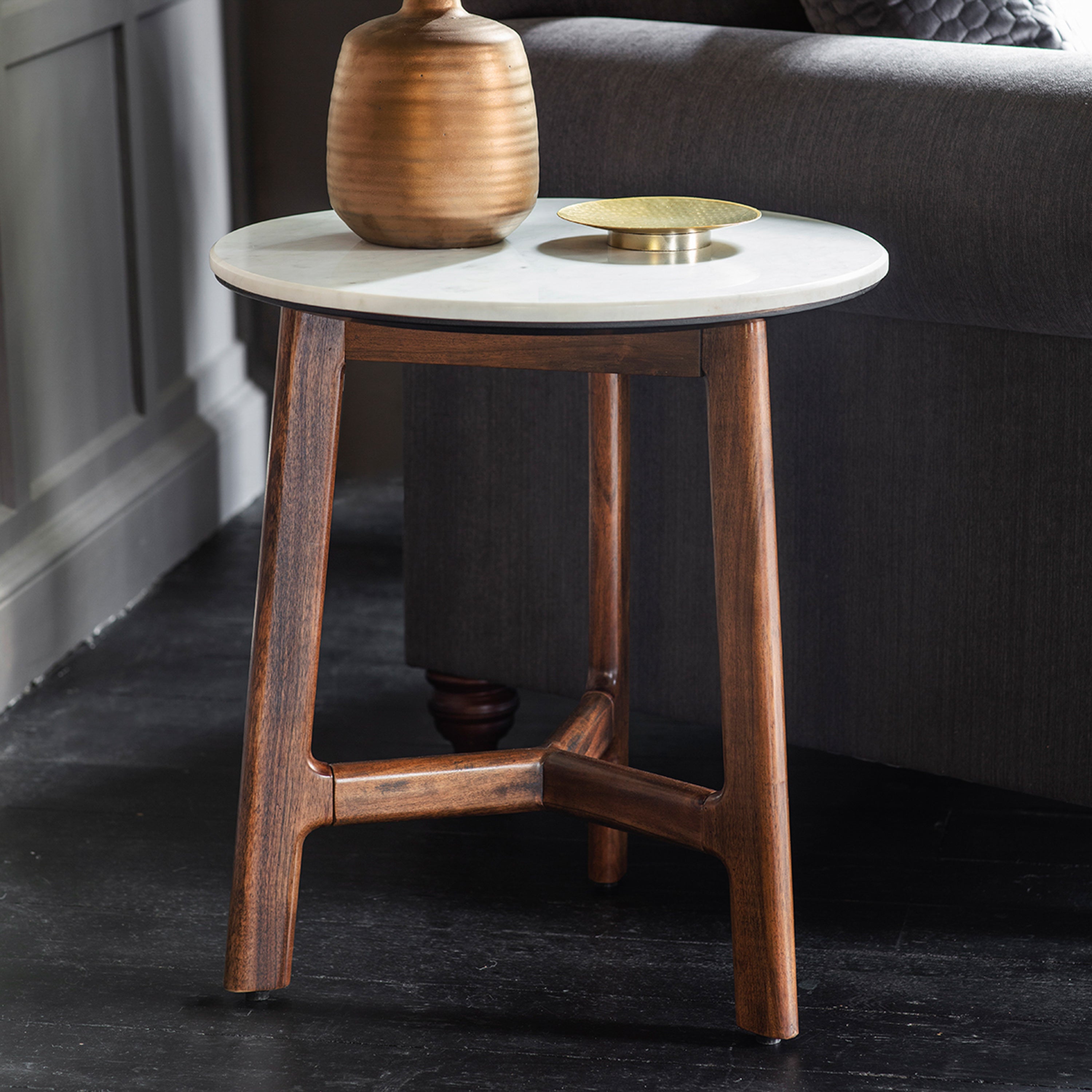 Fresca acacia wood side table in rich walnut finish with marble top | MalletandPlane.com