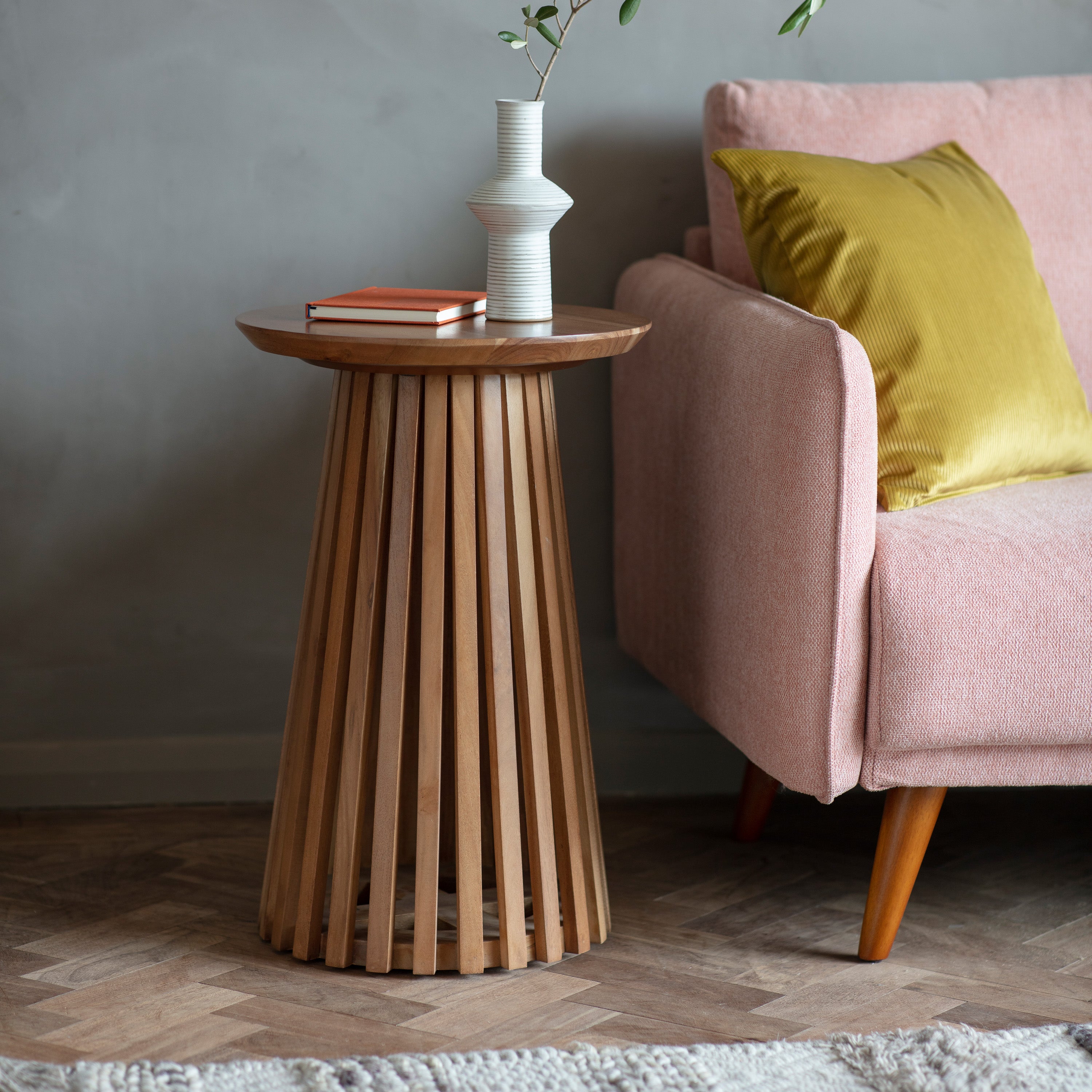 REGAN acacia wood slatted side table in natural wood finish | MalletandPlane.com