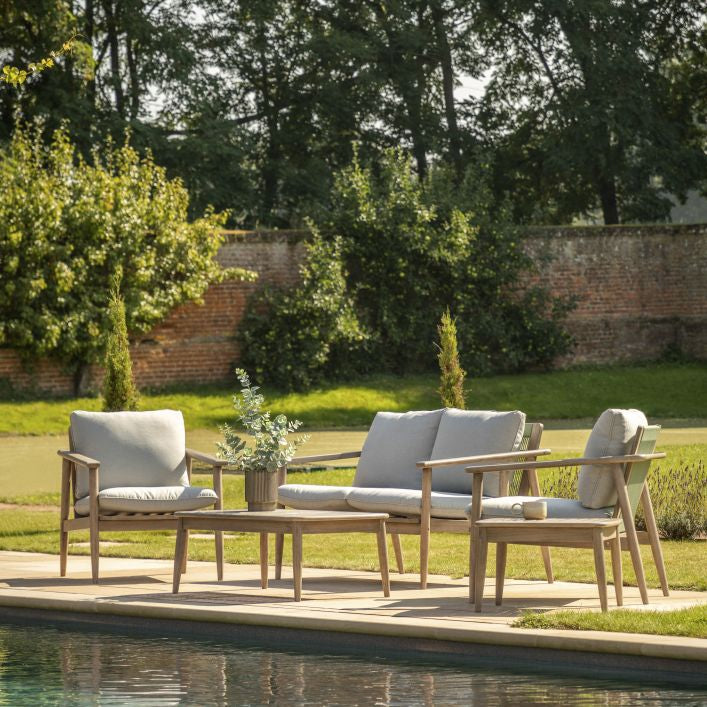 sardinia 4 piece outdoor lounge set in acacia with grey cushions | malletandplane.com