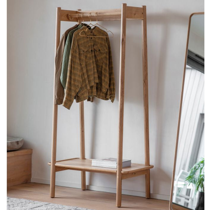 Alfie oak open wardrobe with shelf and hanging rail | malletandplane.com