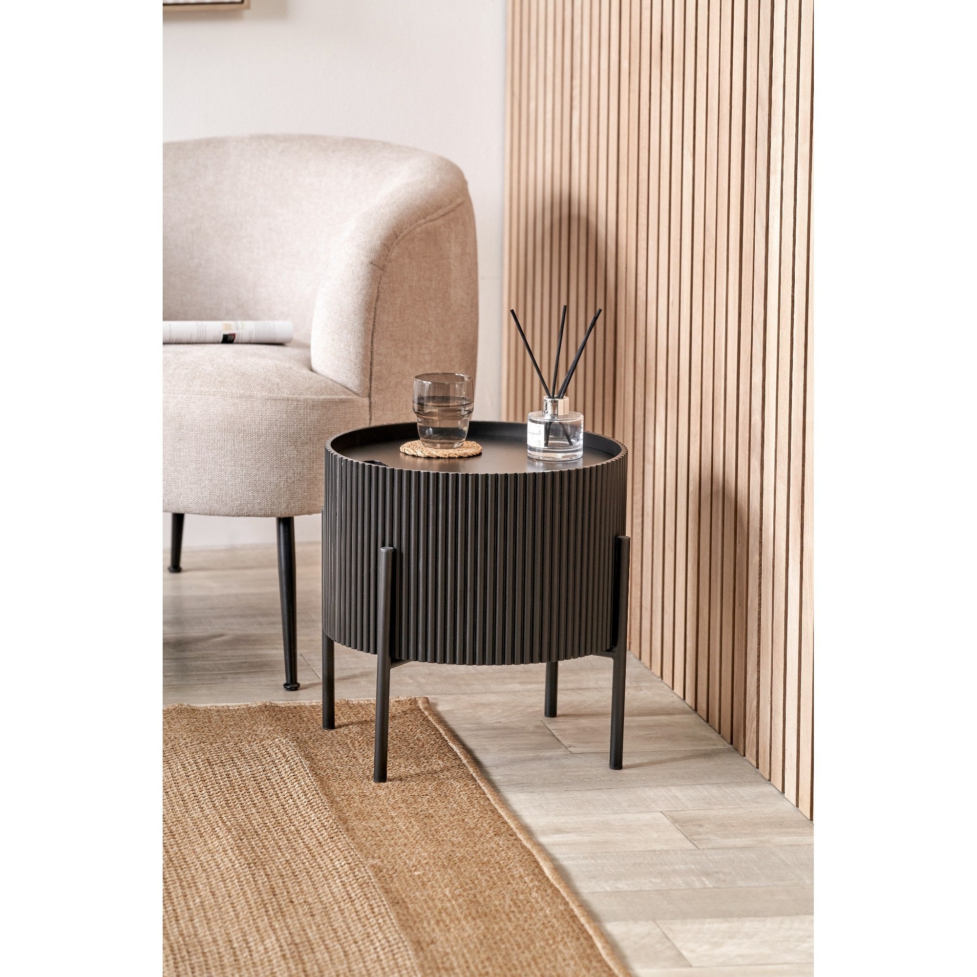 Henderson Ribbed Black Storage Side Table 42cm Diameter
