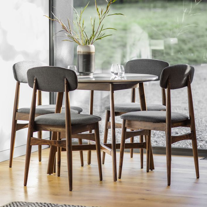 Fresca Round Dining Table with walnut frame and white marble top | malletandplane.com