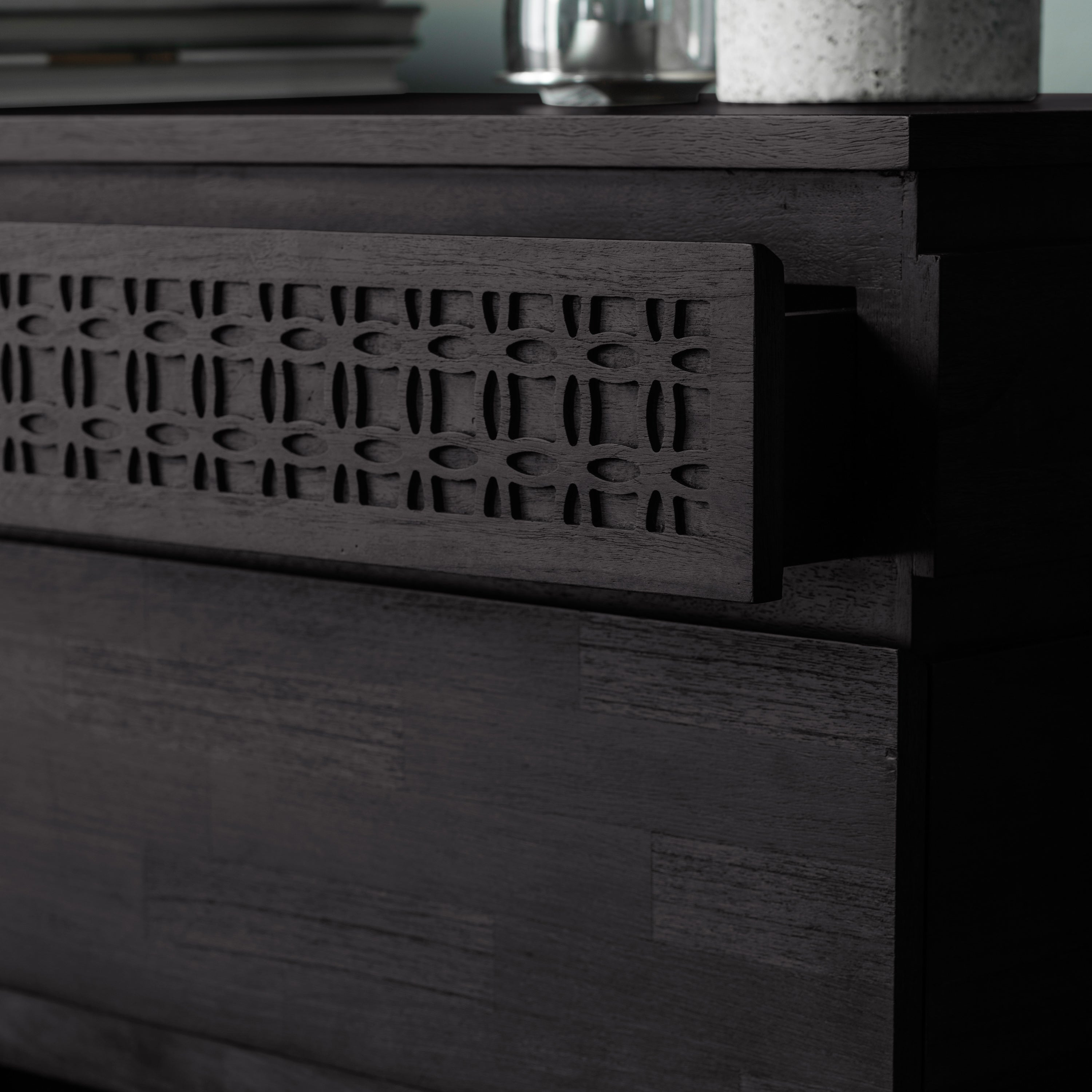 LAYLAH Black 4 Drawer Chest of Drawers - detail and lifestyle view 4