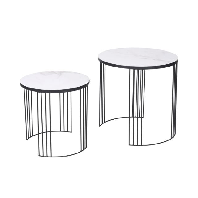 ALMA Side Tables (Set of 2) – Marble-Look Veneer & Black Metal Base | malletandplane.com