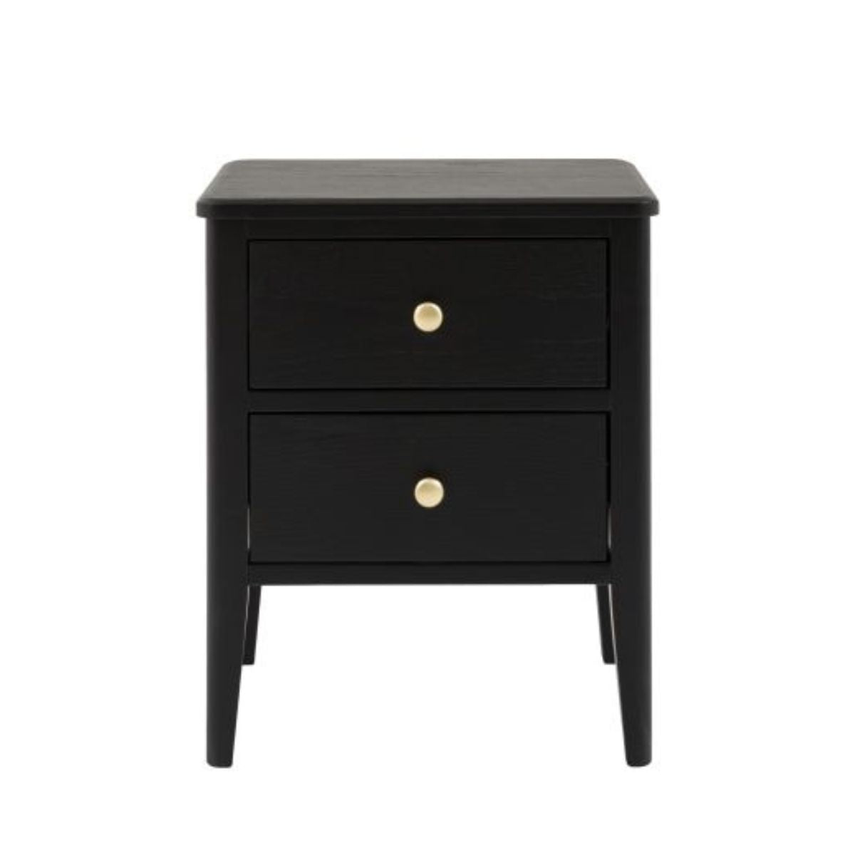 Alvar Black Two Drawer Bedside Table with gold handles and raised base — modern black bedroom furniture by Mallet & Plane.