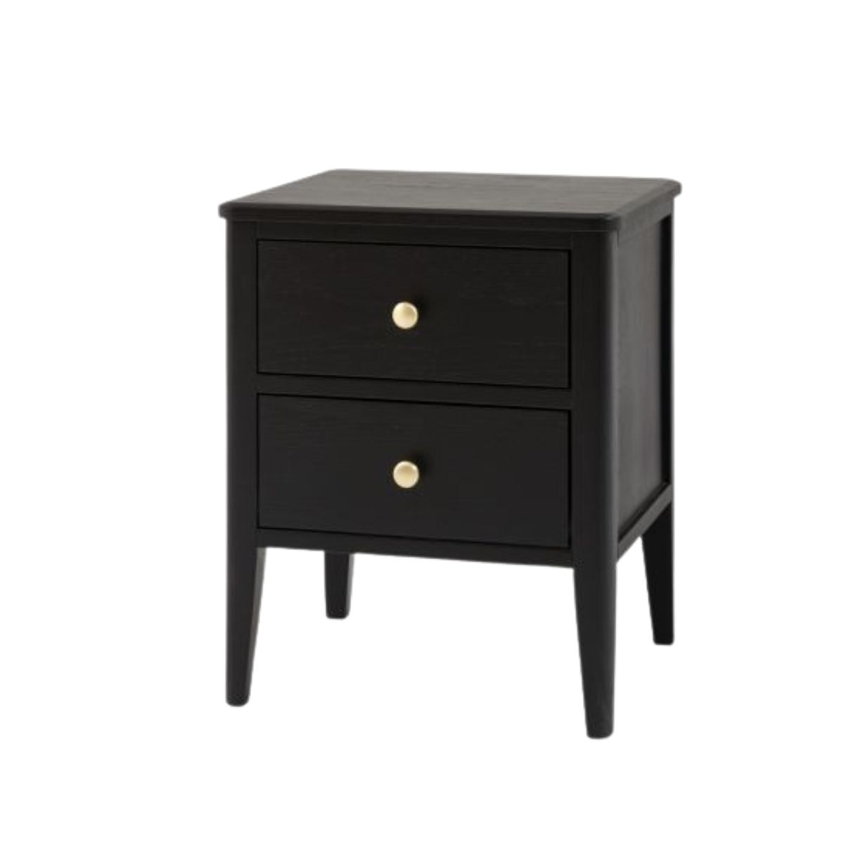 Alvar Black Two Drawer Bedside Table with gold handles and raised base — modern black bedroom furniture by Mallet & Plane.