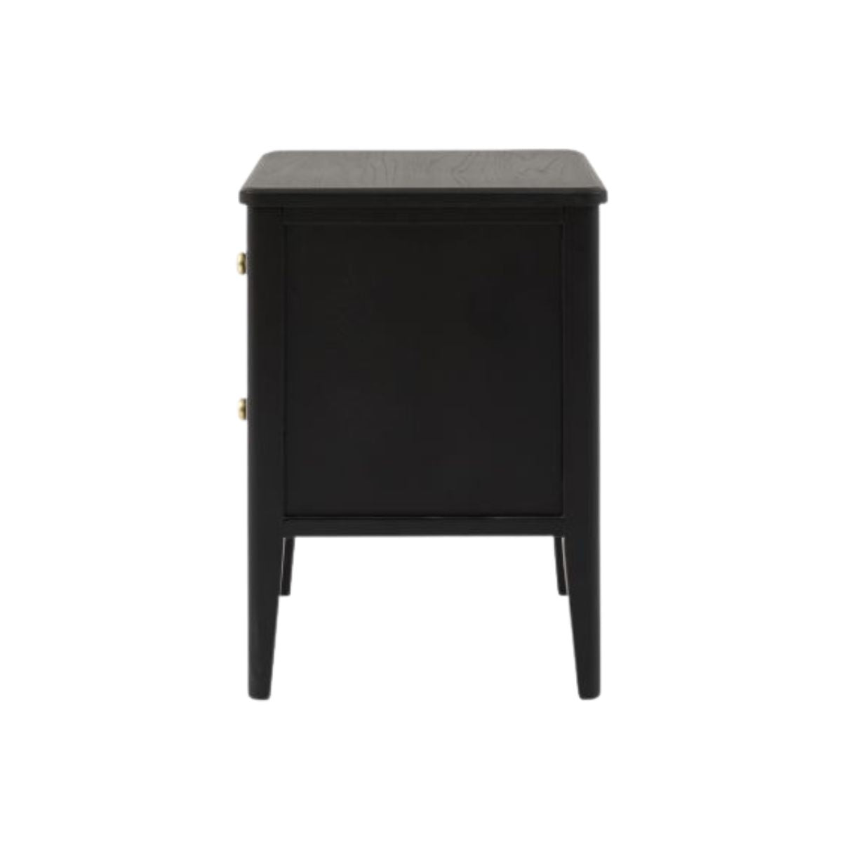 Alvar Black Two Drawer Bedside Table with gold handles and raised base — modern black bedroom furniture by Mallet & Plane.