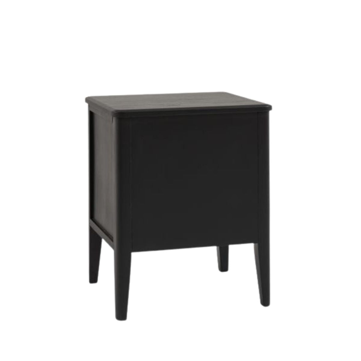 Alvar Black Two Drawer Bedside Table with gold handles and raised base — modern black bedroom furniture by Mallet & Plane.