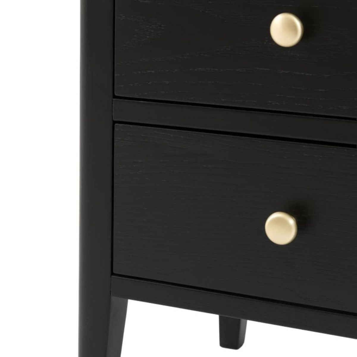 Alvar Black Two Drawer Bedside Table with gold handles and raised base — modern black bedroom furniture by Mallet & Plane.