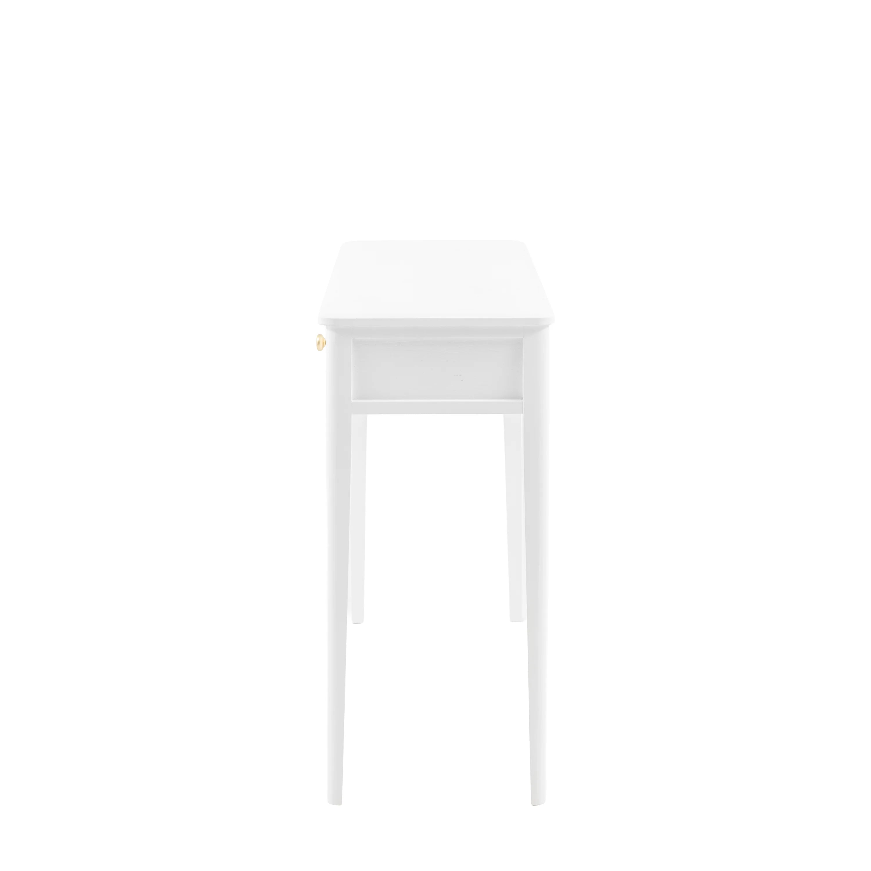A minimalist white wooden desk with a single drawer and slim legs, shown from a front-facing perspective against a solid white background.