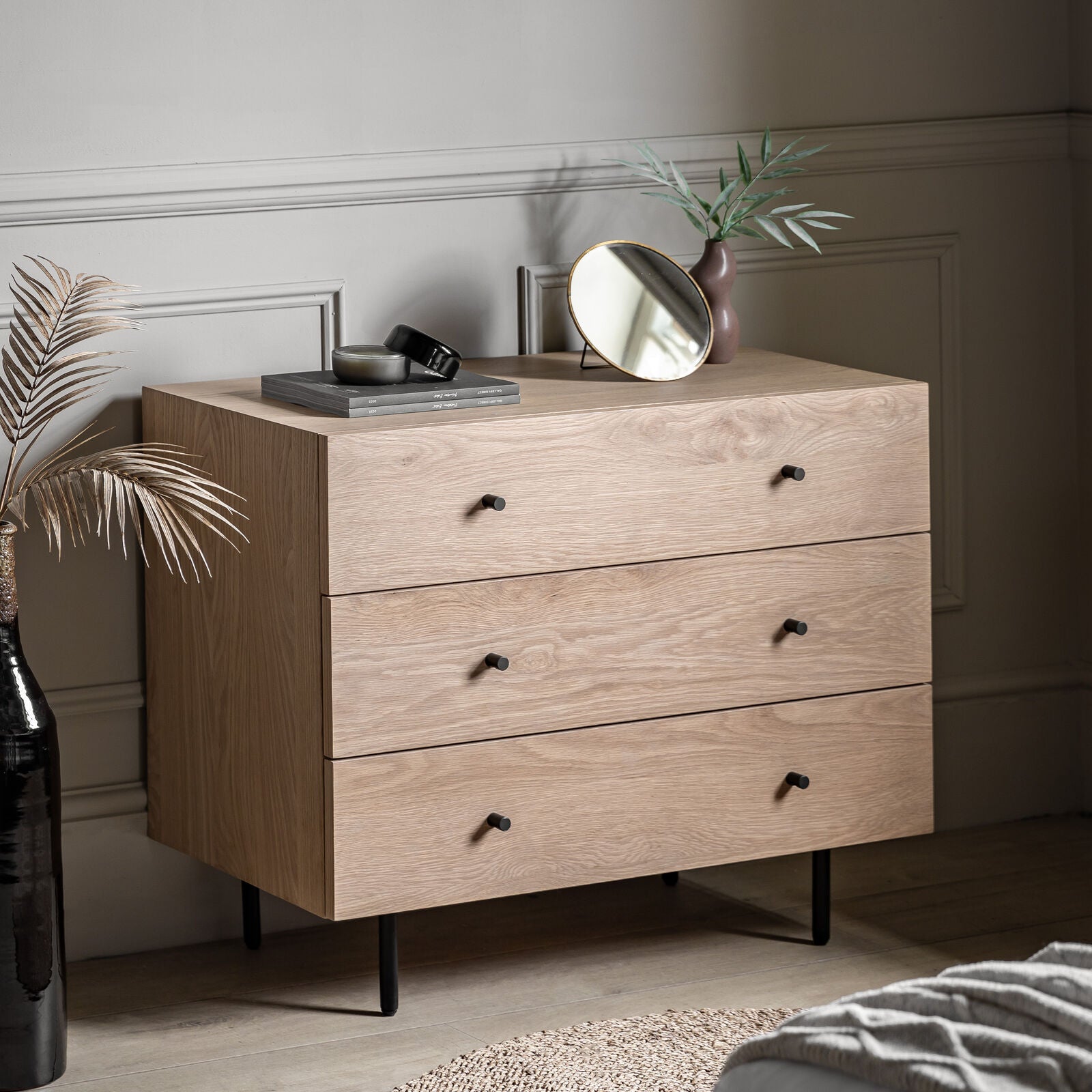 ASHDOWN 3 Drawer Chest – Natural Oak & Black Metal | malletandplane.com