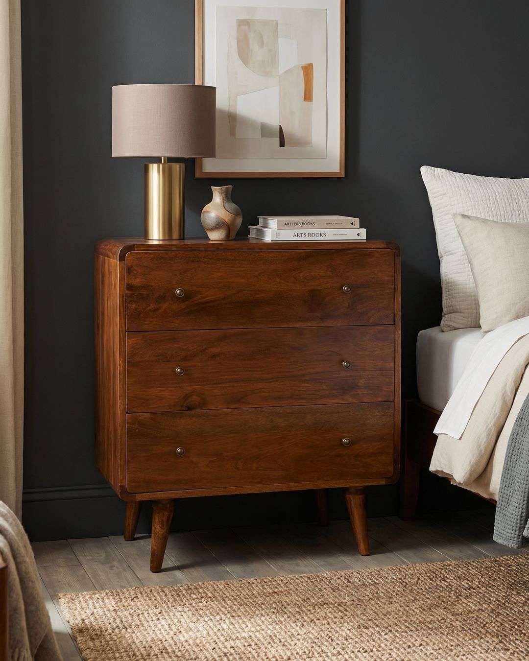 Century handmade solid wood 3 drawer chest of drawers in deep chestnut finish