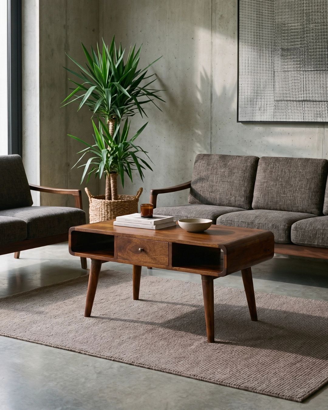 CENTURY Wood Coffee Table in deep chestnut finish with drawers and open storage slots