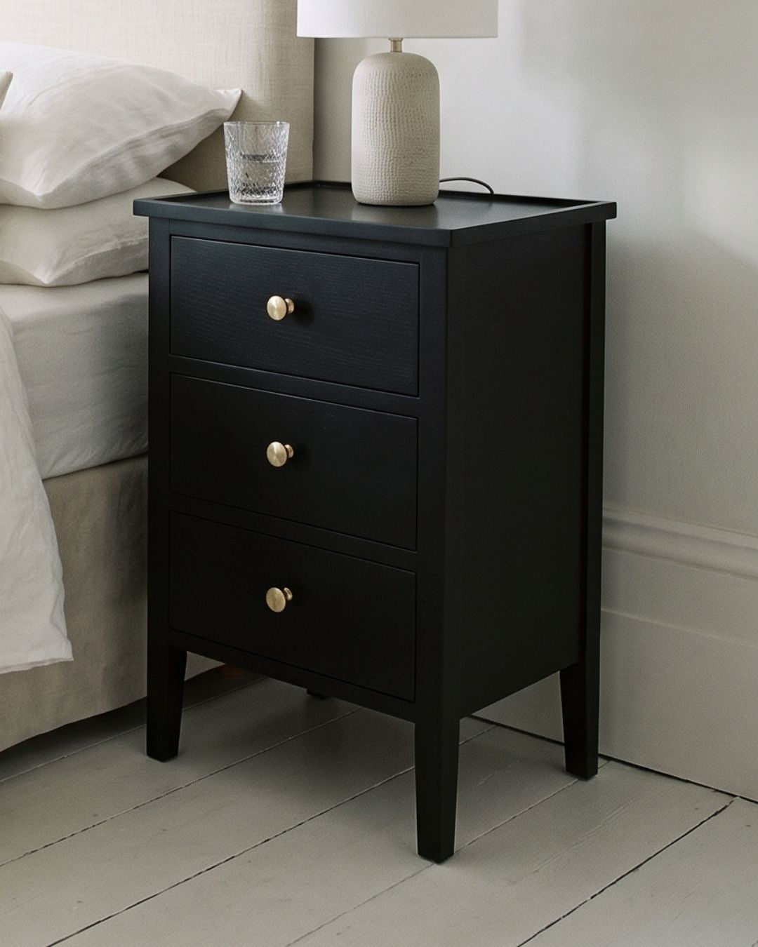 Chelmsford Tall Black 3 Drawer Bedside Table 66cm high