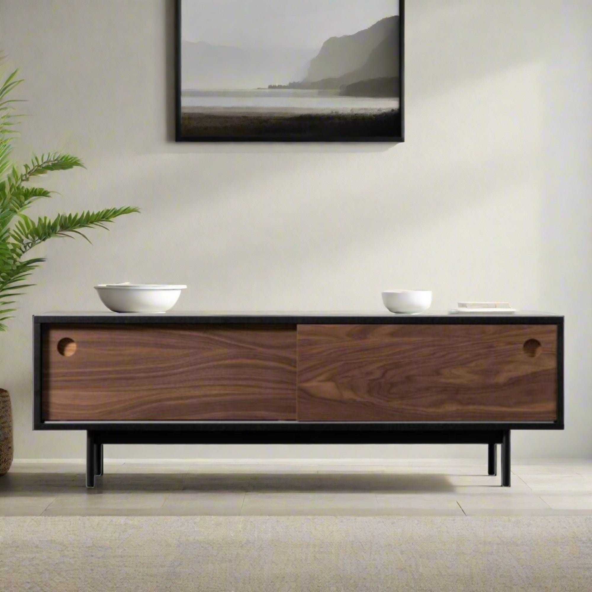 CITY TV Stand in black with walnut  and 2 sliding doors 1400 mm wide | MalletandPlane.com