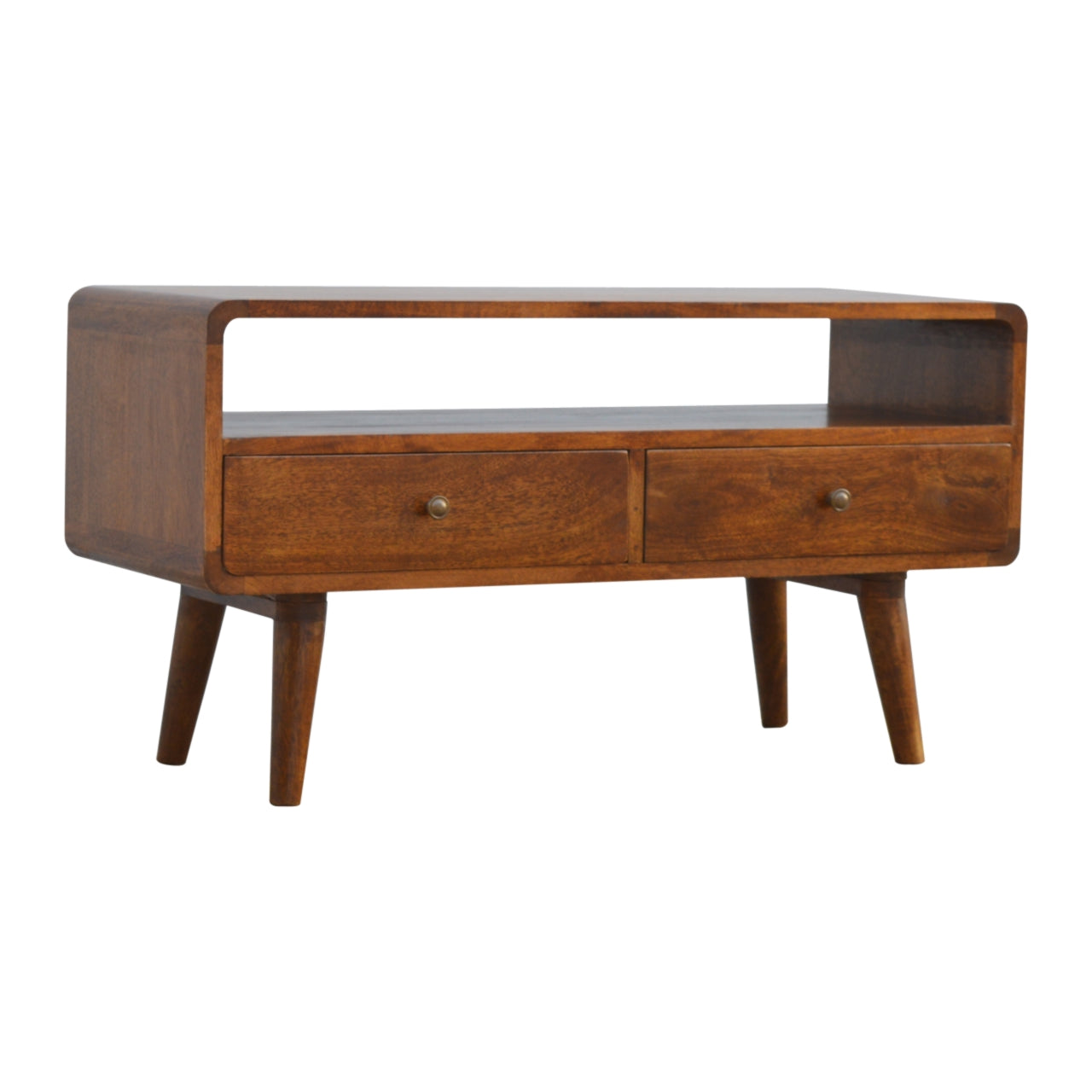 Century handmade wooden TV stand with 2 drawers in deep chestnut finish | malletandplane.com