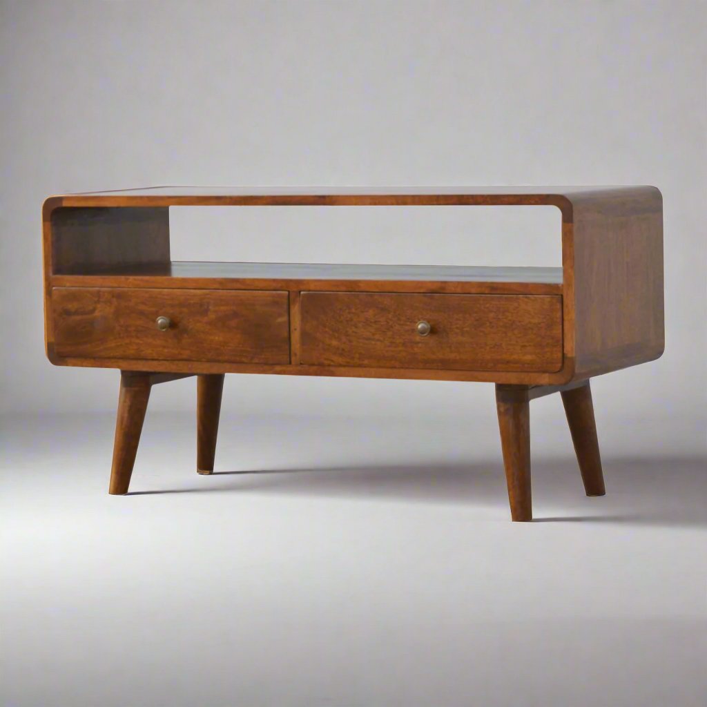 Century handmade wooden TV stand with 2 drawers in deep chestnut finish | malletandplane.com