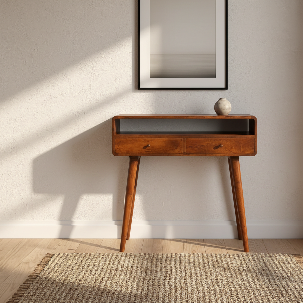 Century Handmade Solid Wood Curved Edge Slim Console Table with Drawers and an Open Storage Shelf in a Deep Chestnut Finish | malletandplane.com