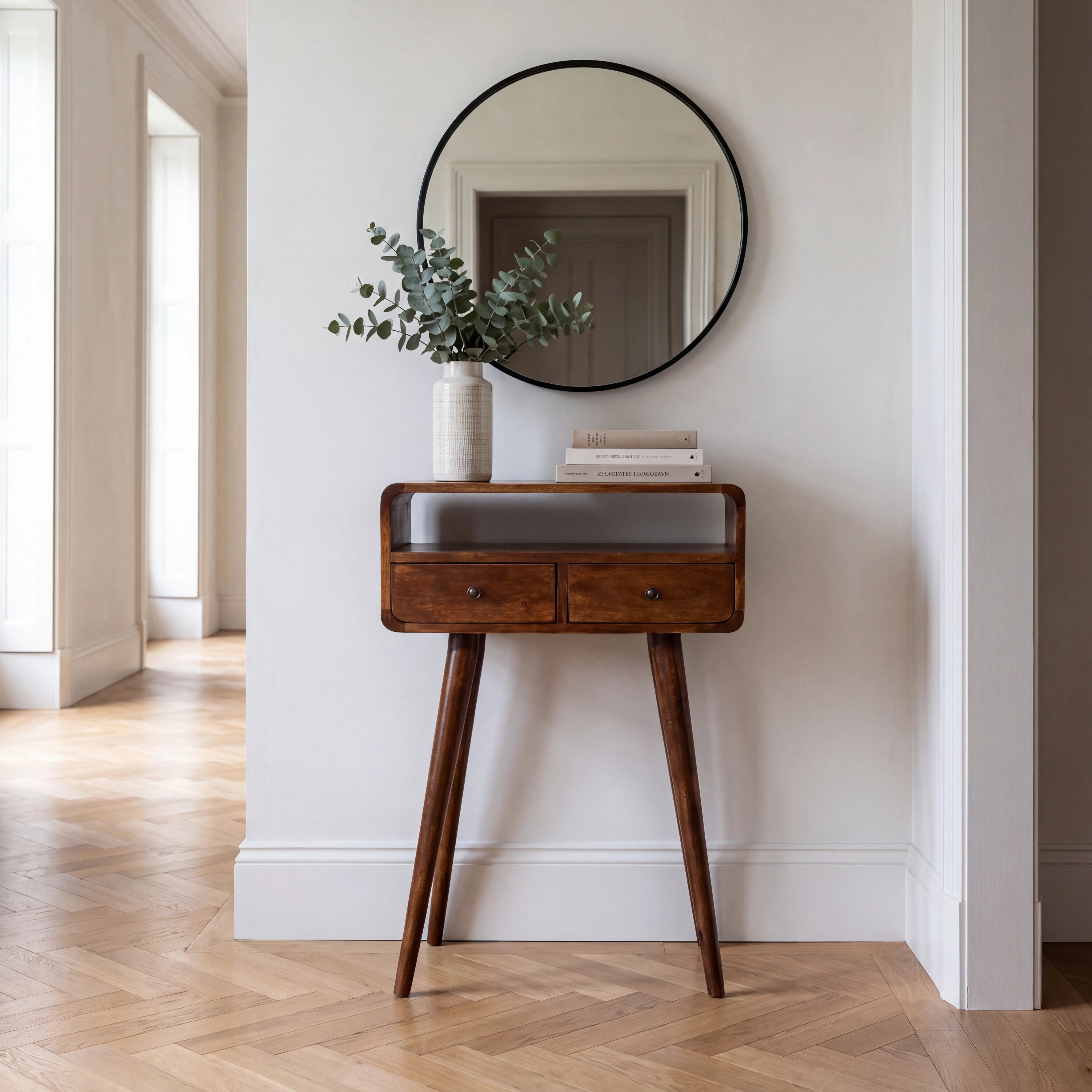 Century Handmade solid wood 2 drawer small console table in deep chestnut finish