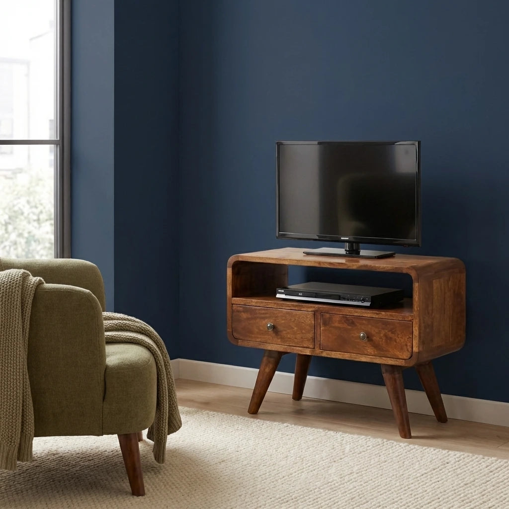 Century mini solid wood TV Stand with 2 drawers and open slot in Deep Chestnut Finish