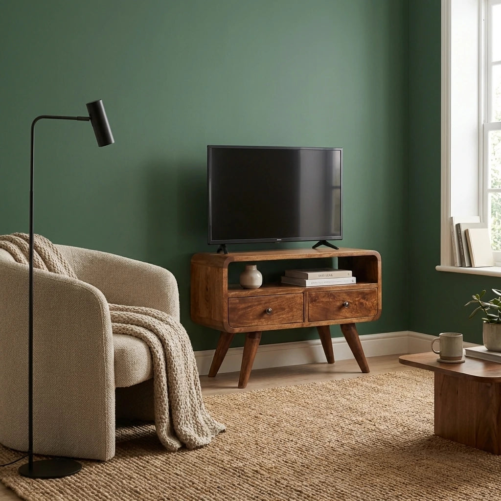 Century mini solid wood TV Stand with 2 drawers and open slot in Deep Chestnut Finish