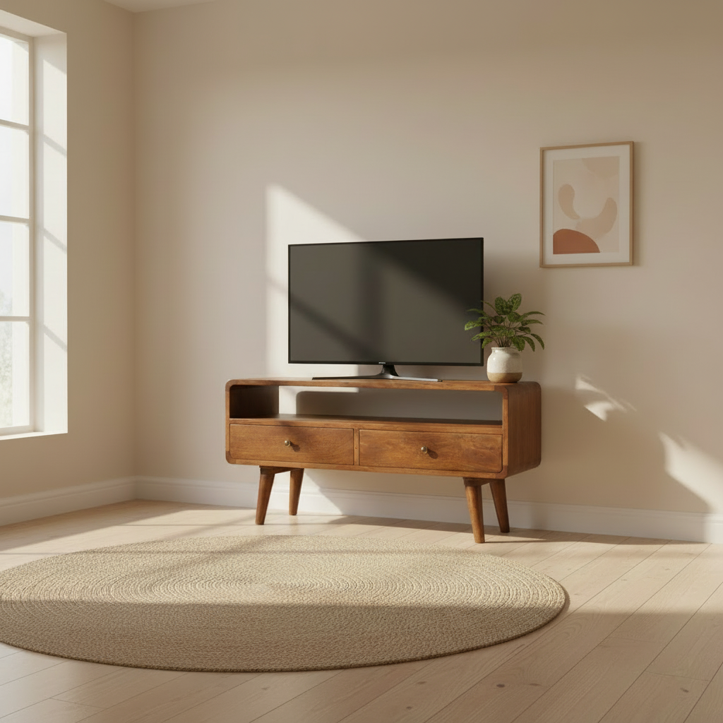 Century handmade wooden TV stand with 2 drawers in deep chestnut finish | malletandplane.com