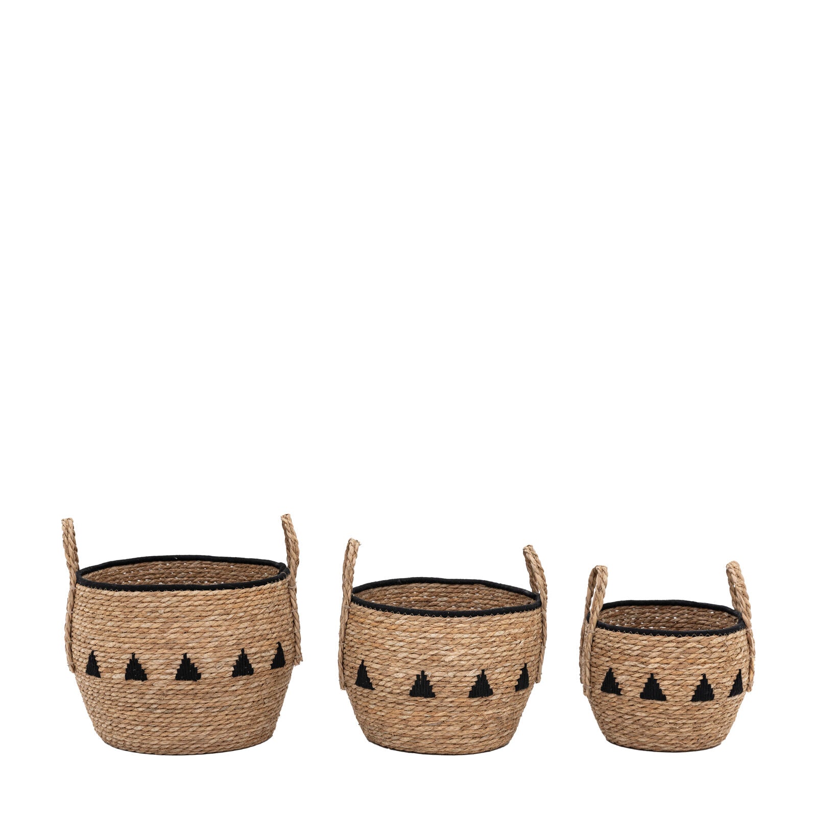 Drum set of 3 handwoven seagrass baskets with black stitched detailing | malletandplane.com