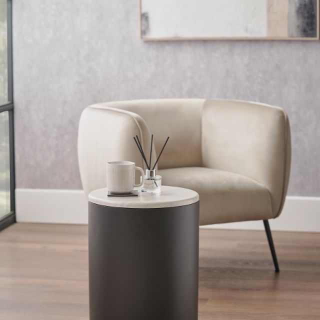 ELIOT Side Table – Marble-Look Top & Black Metal Storage Base | malletandplane.com