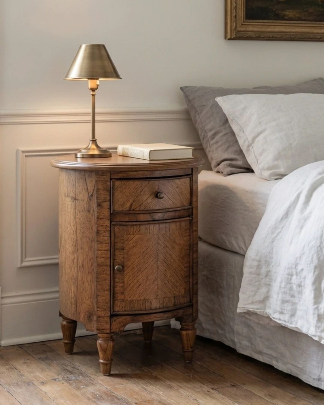Round Wooden Bedside Table with Drawer & Cupboard and mini wood marquetry finish – 45cm – Elvet