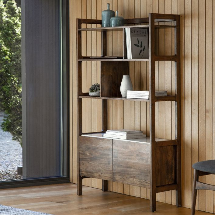 Fresca storage shelves with 2 door cupboard finished in walnut with a white marble panel| malletandplane.com