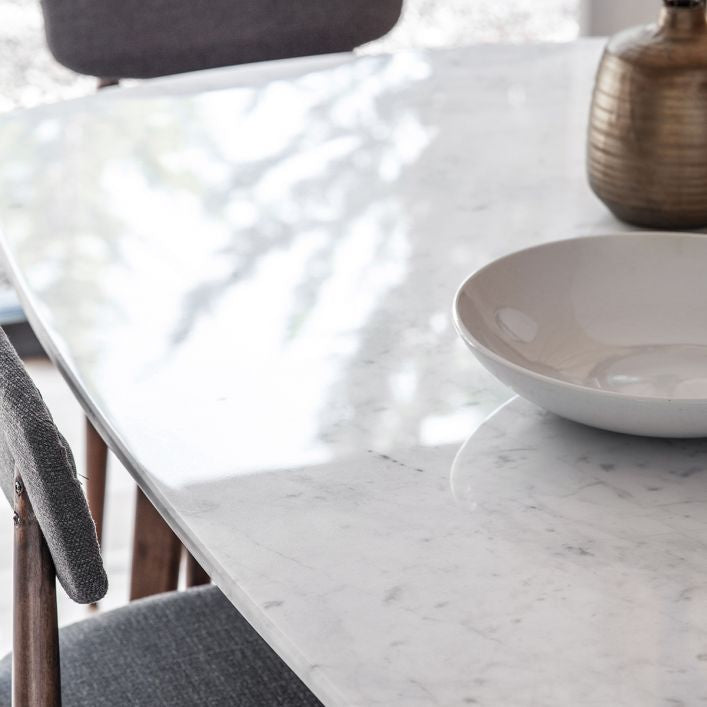 Fresca acacia wood dining table in rich walnut finish with marble top | MalletandPlane.com