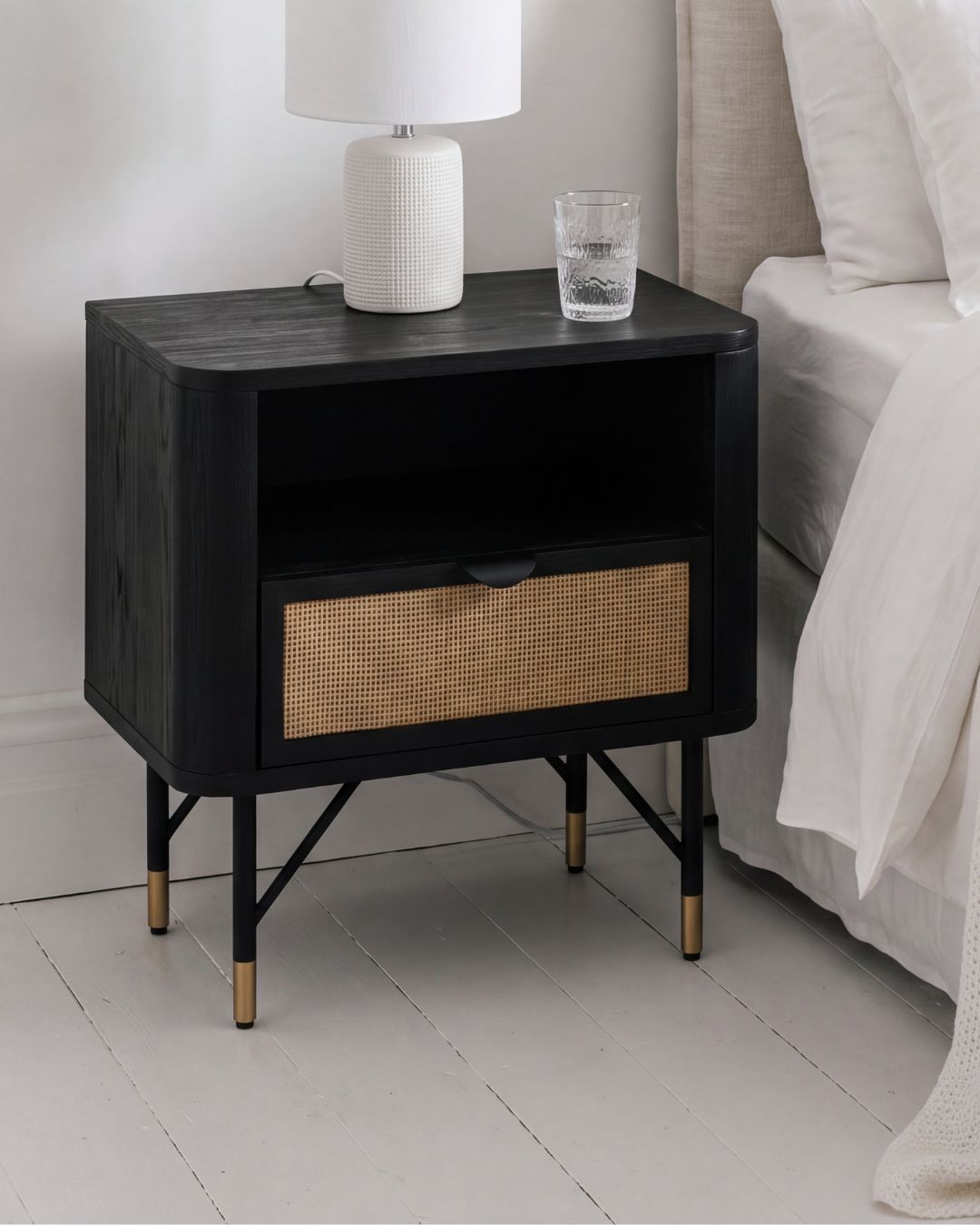 Fiji Black Acacia Wood & Rattan Bedside Table 55cm