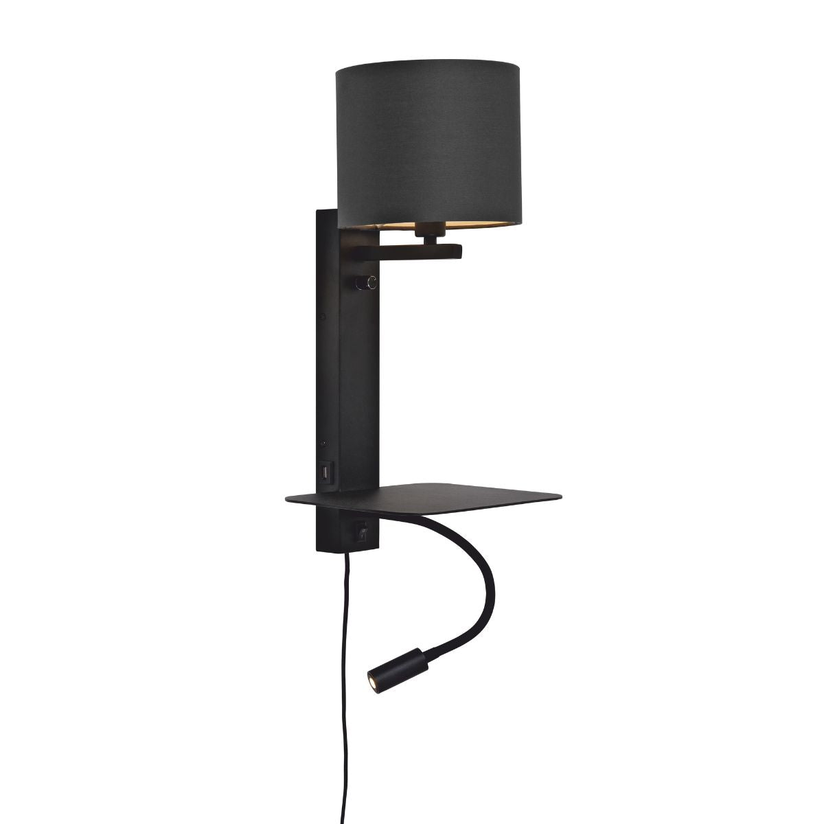 FLORENCE Black Wall Light with Shelf, USB Charging & Reading Light