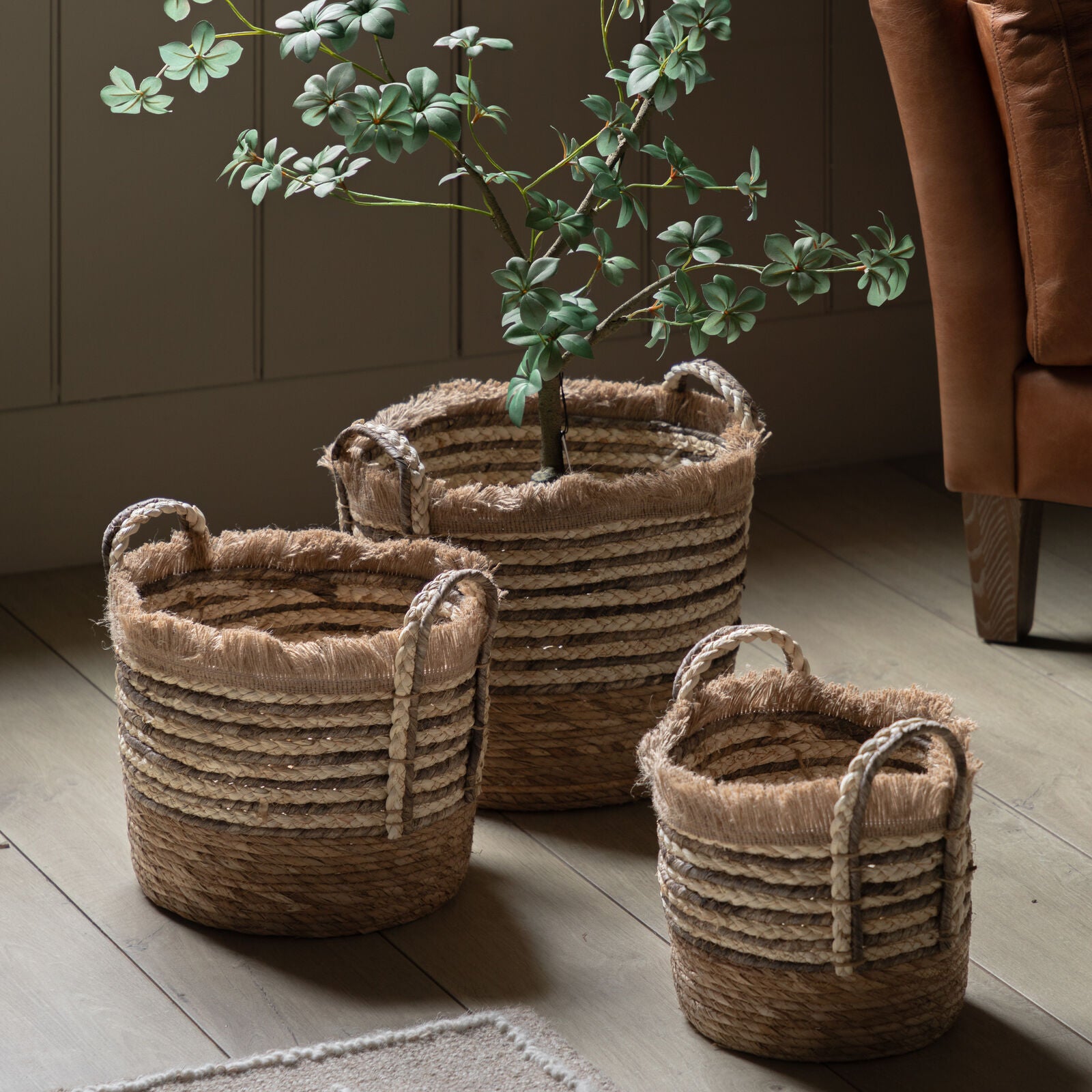 Fringe set of 3 handwoven baskets with stripe detail | malletandplane.com