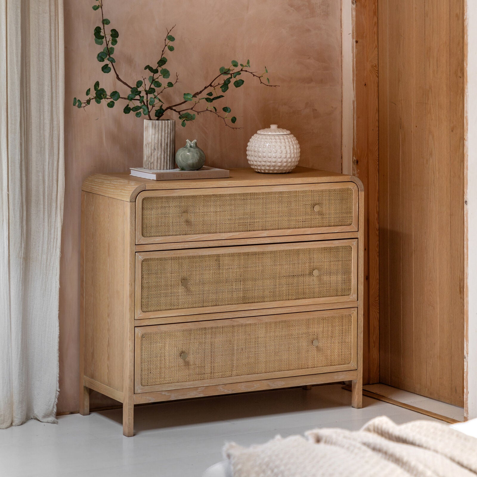 EDDA Oak & Cane 3 Drawer Chest of Drawers