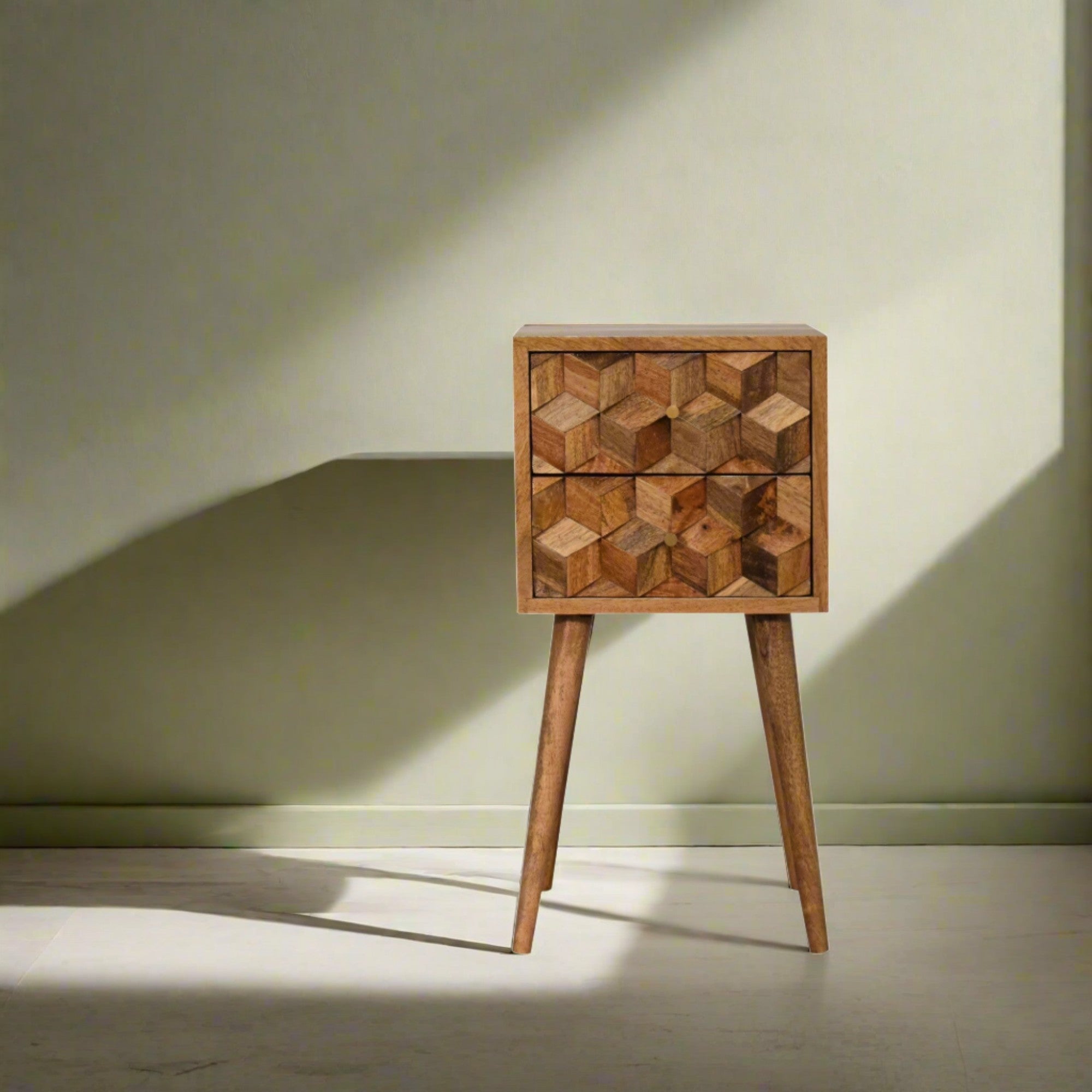 Mini Geo Cube Hand Carved Solid Wood Narrow Bedside Table | malletandplane.com