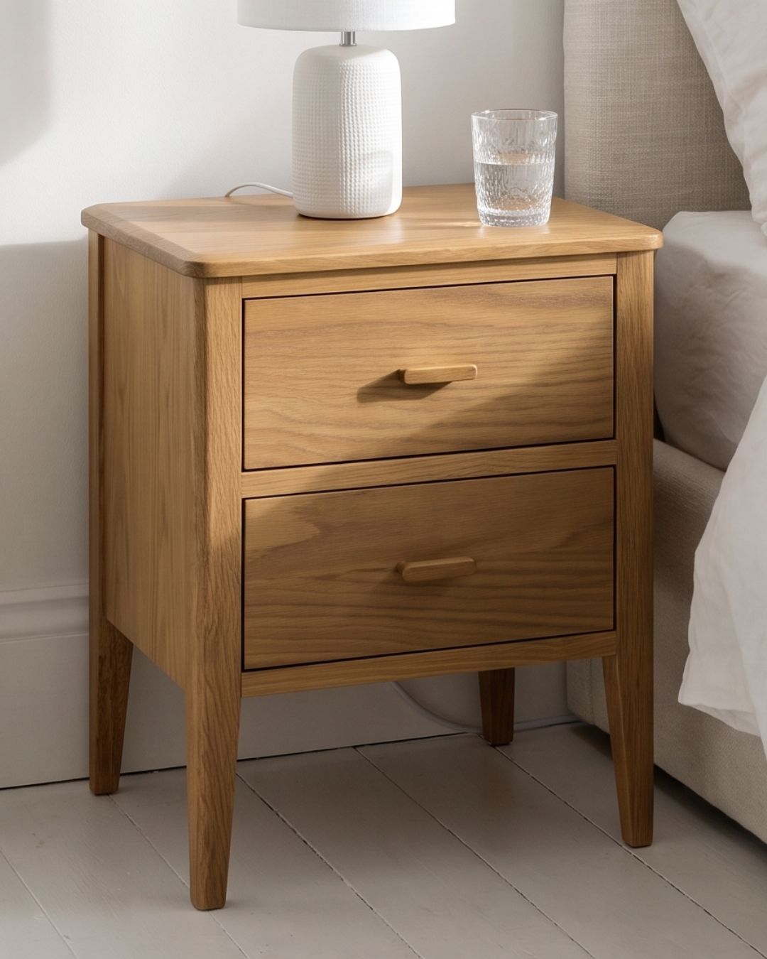Hampton Bedside Table 40cm – Natural Finish 2 Drawer