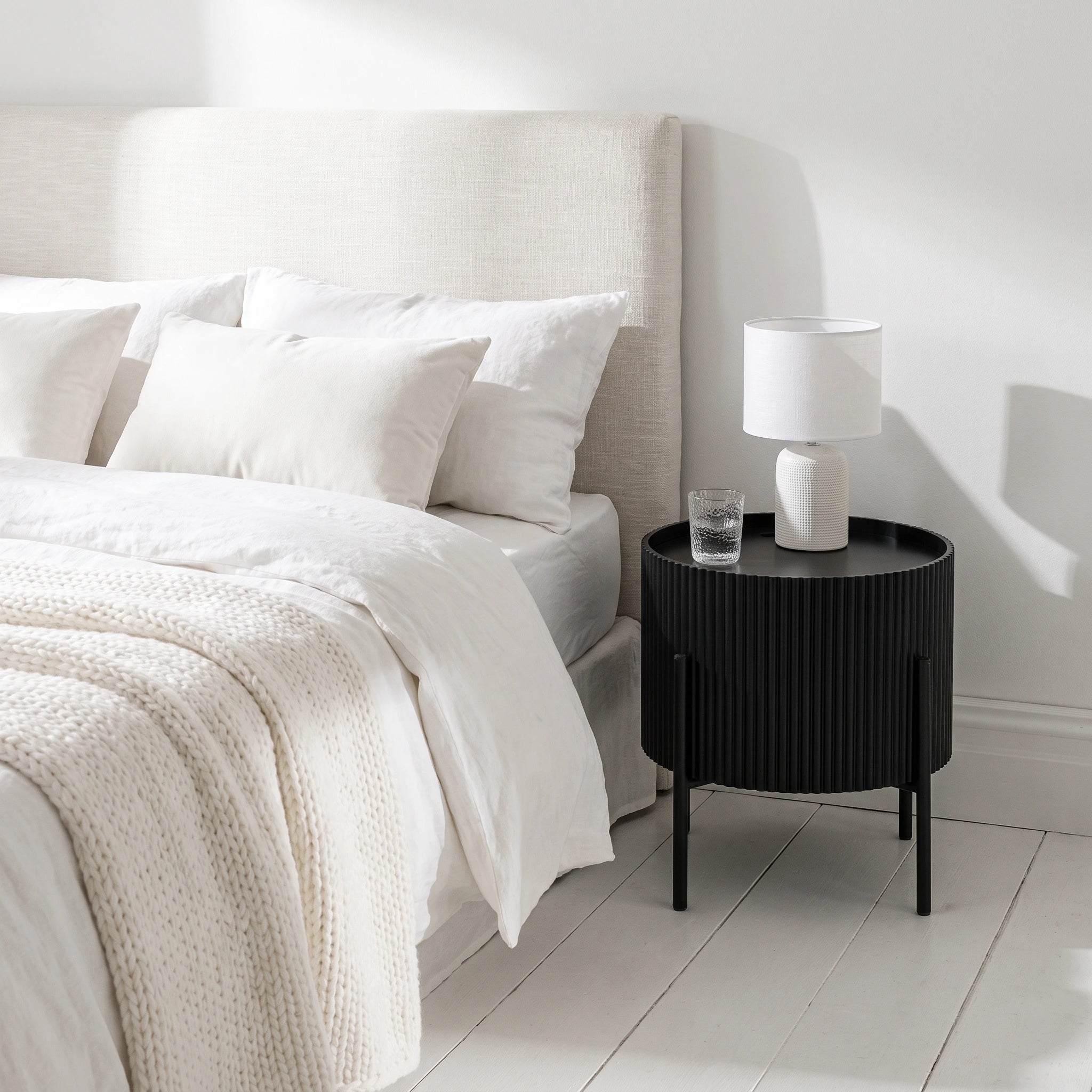 Henderson Ribbed Black Storage Side Table 42cm Diameter